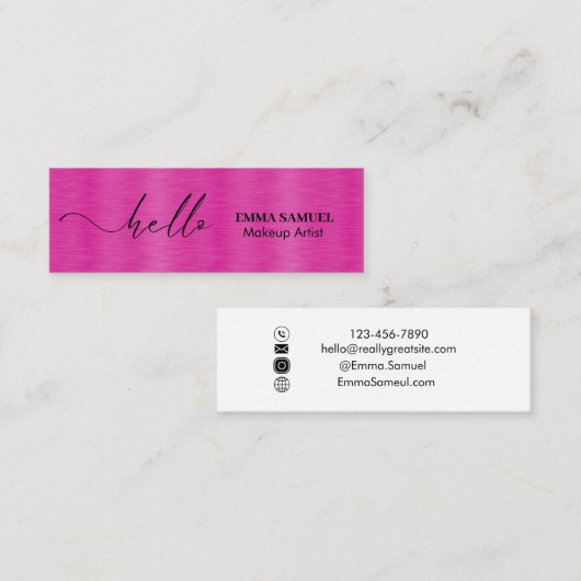 ホットピンクフォイルエレガントハローミニマルカリグラフィー スキニー名刺 (正面/裏面)