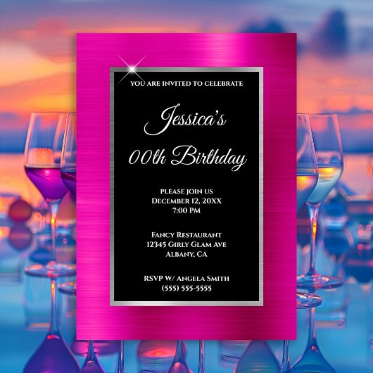 ホットピンクフォイルシルバーおよびブラック誕生日 招待状