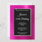 ホットピンクフォイルシルバーおよびブラック誕生日 招待状 (正面)