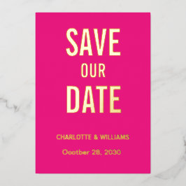 ホットピンクフォトオーバーレイ日付金ゴールドの保存 箔招待状