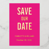 ホットピンクフォトオーバーレイ日付金ゴールドの保存 箔招待状 (正面)