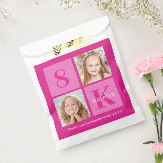 ホットピンクフォトコラージュカスタムガールズバースデーパーティー フェイバーバッグ (封をした状態)