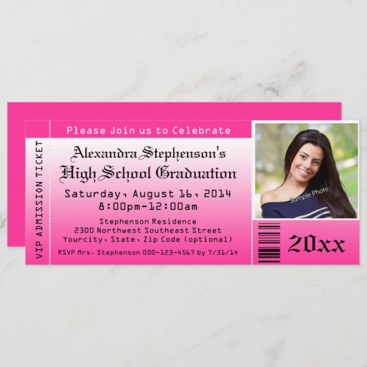 ホットピンクフォト卒業チケット招待状 招待状 (正面/裏面)