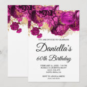 ホットピンクフラワーズゴールドフォイルグラム60誕生日 招待状 (正面/裏面)