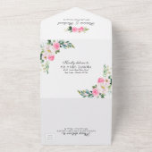 ホットピンクフローラオンブラックエレガントな結婚式 オールインワン招待状 (外側)