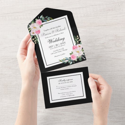 ホットピンクフローラオンブラックエレガントな結婚式 オールインワン招待状 (貼ってはがせる)