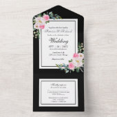 ホットピンクフローラオンブラックエレガントな結婚式 オールインワン招待状 (内側)