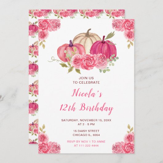 ホットピンクフローラカボチャ誕生日 招待状 (正面/裏面)