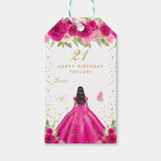 ホットピンクフローラダークスキンガールハッピーバースデー ギフトタグ (正面)