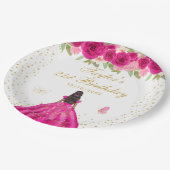 ホットピンクフローラダークスキンガールバースデーパーティー ペーパープレート (アングル)