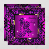 ホットピンクフローラハイヒールヒョウ誕生日パーティー 招待状 (正面/裏面)