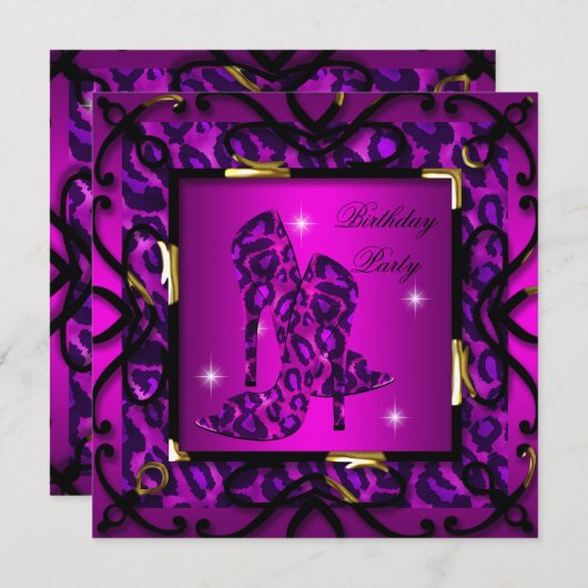 ホットピンクフローラハイヒールヒョウ誕生日パーティー 招待状 (正面/裏面)