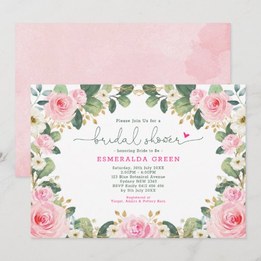 ホットピンクフローラバラグリーンリーガーデンブライダルシャワー 招待状 (正面/裏面)