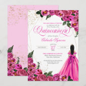 ホットピンクフローラバラ金ゴールドエレガントガウンキンセニェラ 招待状 (正面/裏面)