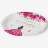 ホットピンクフローラブルネットヘアガールバースデーパーティー ペーパープレート (アングル)