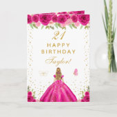 ホットピンクフローラブロンドヘアガールハッピーバースデー カード (正面)