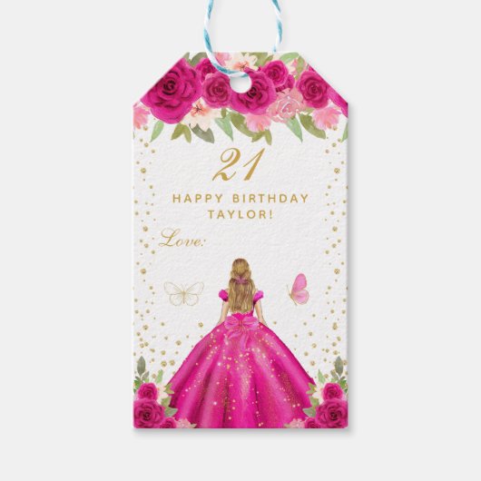 ホットピンクフローラブロンドヘアガールハッピーバースデー ギフトタグ (正面)