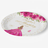 ホットピンクフローラブロンドヘアガールバースデーパーティー ペーパープレート (アングル)