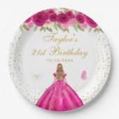 ホットピンクフローラブロンドヘアガールバースデーパーティー ペーパープレート (正面)