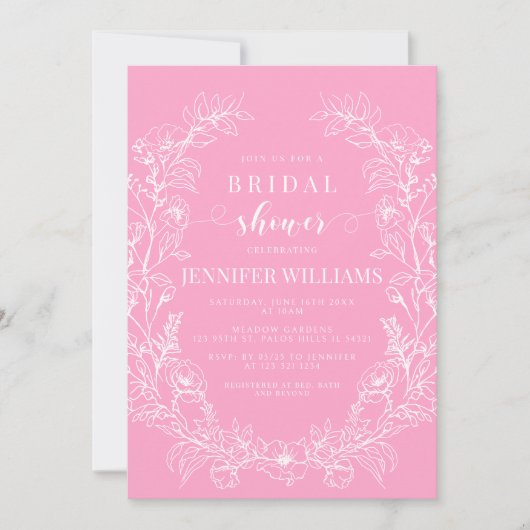 ホットピンクフローラリースエレガントボーブライダルシャワー 招待状 (正面)