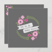 ホットピンクフローラリース&バナーガールベビーシャワー 招待状 (正面/裏面)