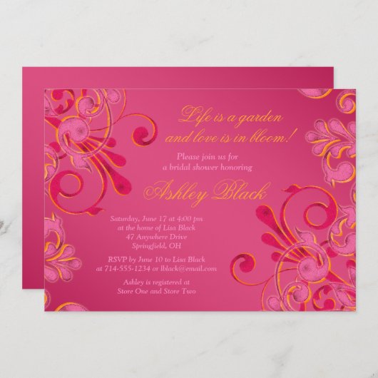 ホットピンクフローラ結婚のブライダルシャワーへの招待 招待状 (正面/裏面)