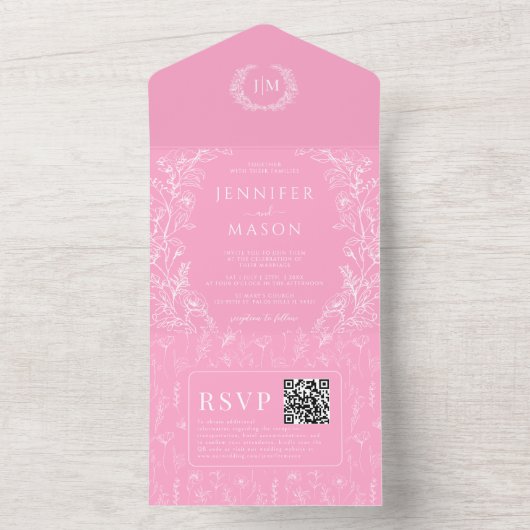ホットピンクフローラ結婚ボヘミアン オールインワン招待状 (内側)