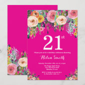 ホットピンクフローラ21歳誕生日招待状 招待状 (正面/裏面)