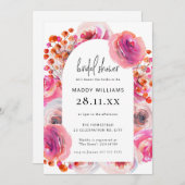 ホットピンクブライトフローラアーチブライダルシャワー 招待状 (正面/裏面)