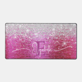 ホットピンクブラシ仕上げメタルシルバーグリッターモノグラム デスクマット
