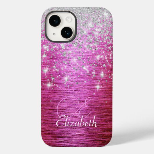 ホットピンクブラシ仕上げメタルシルバーグリッターモノグラム Case-Mate iPhoneケース (裏面)