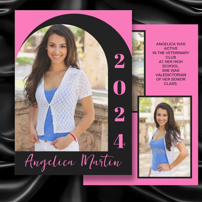 ホットピンクブラックアーチフォトクラス2024卒業 (Hot pink and black arch-photo high school graduation announcement printed on front and back.)