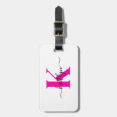 ホットピンクブラックイニシャル名モノグラムの ラゲッジタグ (正面縦)