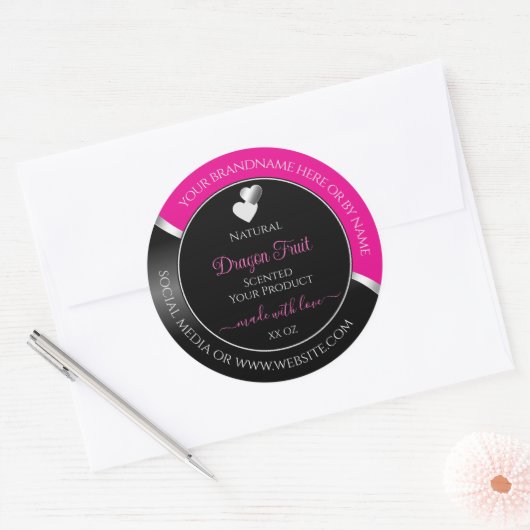 ホットピンクブラックウェーブシルバーハート製品ラベル ラウンドシール (封筒)