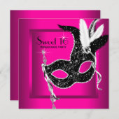 ホットピンクブラックスウィート16マスカレードパーティー 招待状 (正面/裏面)