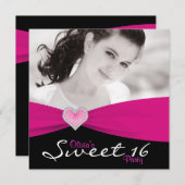 ホットピンクブラックスウィート16誕生日パーティー 招待状 (正面/裏面)