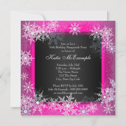 ホットピンクブラックスノーフレークスウィート16マスカレードパーティー 招待状 (裏面)