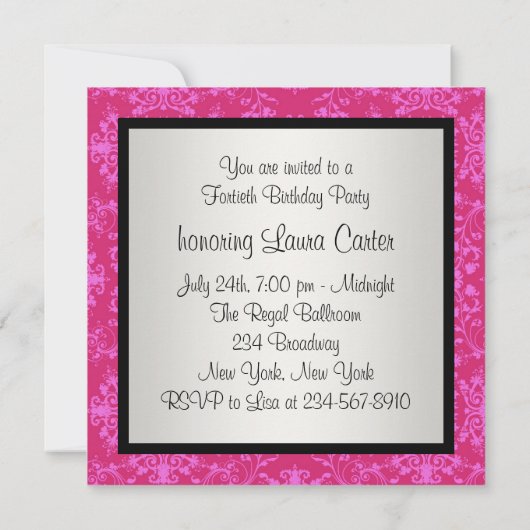 ホットピンクブラックダマスク誕生日パーティー 招待状 (裏面)