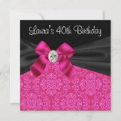 ホットピンクブラックダマスク誕生日パーティー 招待状 (正面)