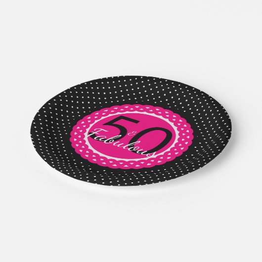 ホットピンクブラックドット50と素晴らしい誕生日パーティー ペーパープレート (アングル)