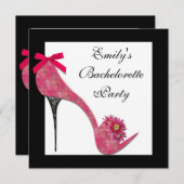 ホットピンクブラックハイヒールシューズバーチェロレットパーティー 招待状 (正面/裏面)