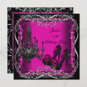 ホットピンクブラックパーティー誕生日ハイヒールシューズ 招待状 (正面/裏面)