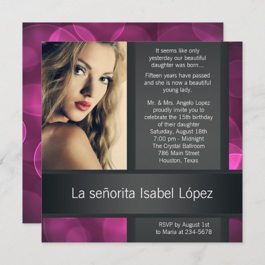 ホットピンクブラックフォトキンセアニェラ招待状 招待状 (正面/裏面)