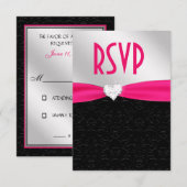 ホットピンクブラックフローラダマスクダイヤモンドハートRSVP 出欠カード (正面/裏面)