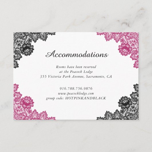 ホットピンクブラックフローラレース結婚ズアコモデーション エンクロージャーカード (正面)