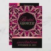ホットピンクブラックフローリッシュブライダルシャワーパーティー 招待状 (正面/裏面)