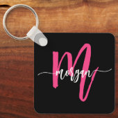 ホットピンクブラックモダンスクリプトガーリーモノグラム名 キーホルダー (正面)