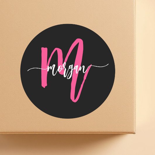 ホットピンクブラックモダンスクリプトガーリーモノグラム名 ラウンドシール