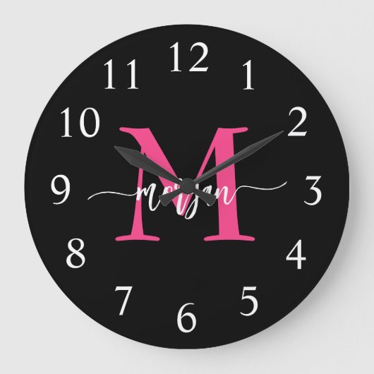 ホットピンクブラックモダンスクリプトガーリーモノグラム名 ラージ壁時計 (正面)