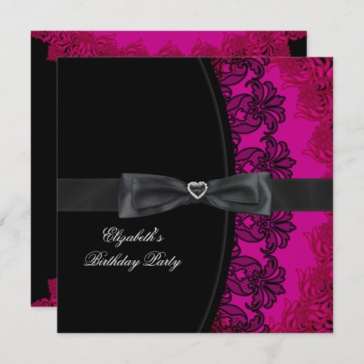 ホットピンクブラックレースエレガントな誕生日パーティー 招待状 (正面/裏面)